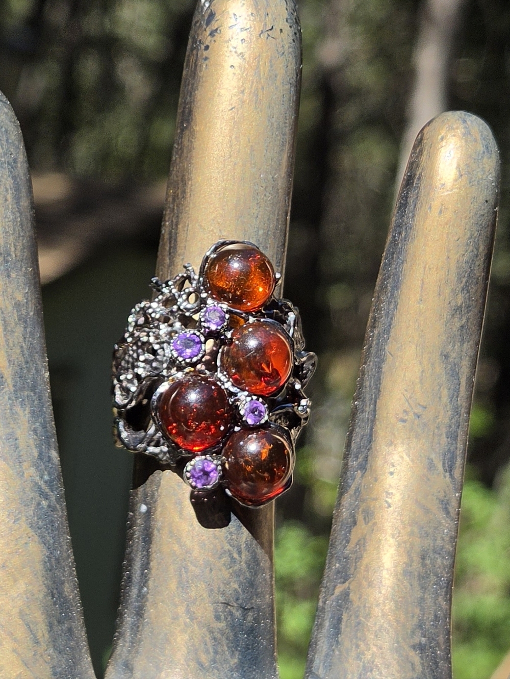 Amber & Amethyst Natural Gemstone Sterling & Rhodium Cocktail Ring Sz7 - Picture 5 of 10
